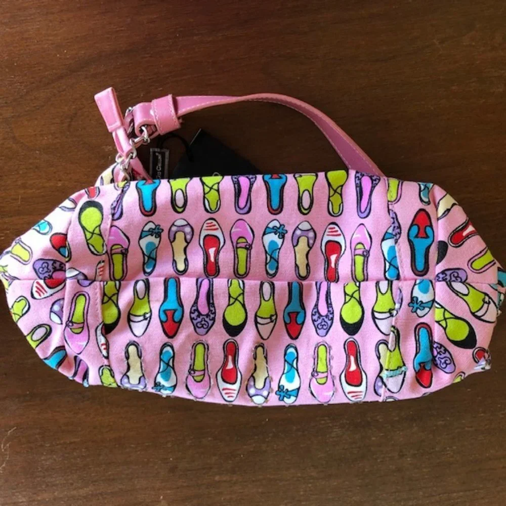 GIO CELLINI Bead Sequin Pink Canvas Shoe Print Hobo Shoulder Bag/Purse